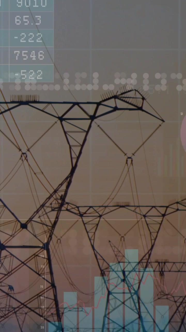 Vertical video: Pink bar appearing then tower network rising, charts animating, showing grid data