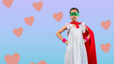 animation of girl in superhero costume over multiple be you text on flying hearts