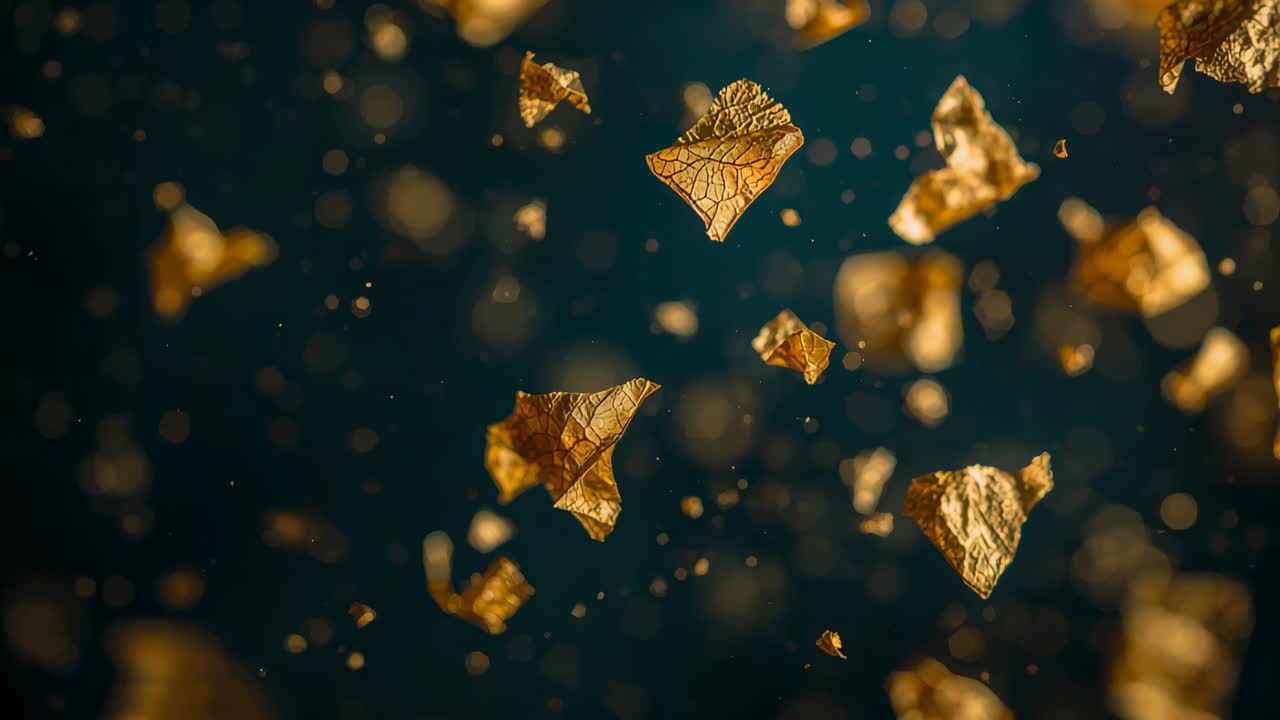 Scaglie dorate fluttuanti che ruotano, si avvicinano dopo la regolazione della messa a fuoco su bokeh color ottanio, che mostra la profondità