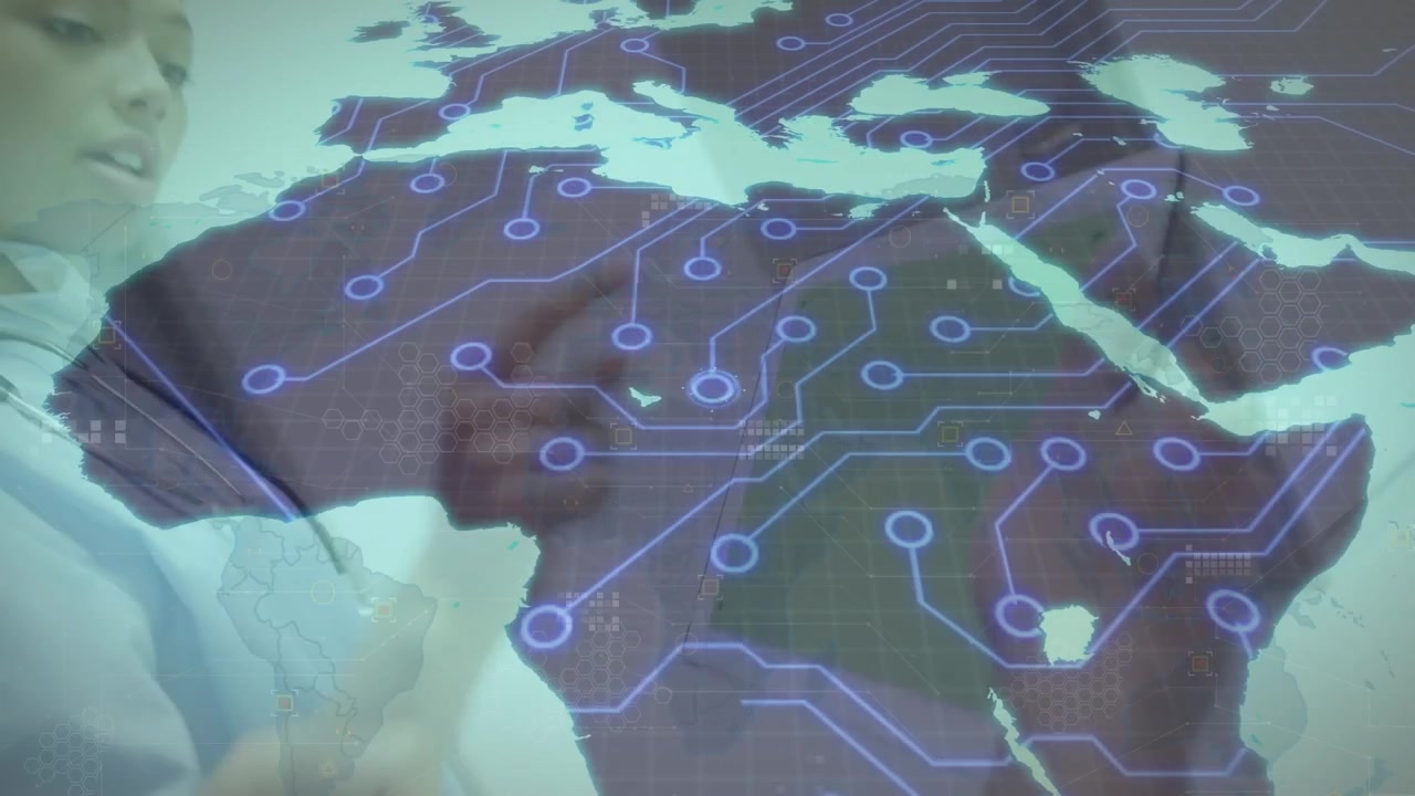 Animation of network of connections with icons over diverse data using tablet