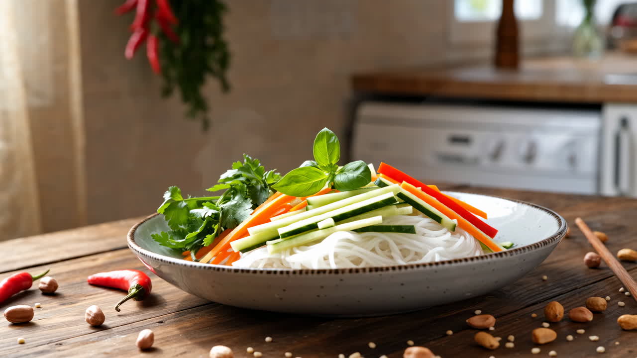 Fresh and healthy rice noodle dish with vegetables