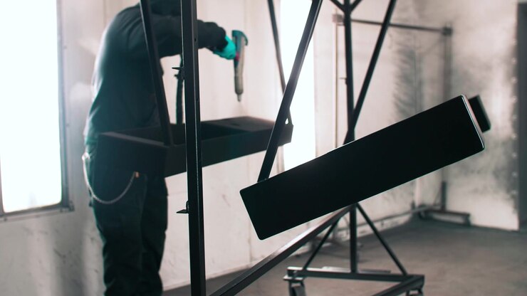 Man applying black anti-corrosion powder coating to metal sheet using a spray gun in factory.