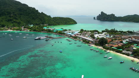 exotic township of koh in phi phi island, aerial drone view