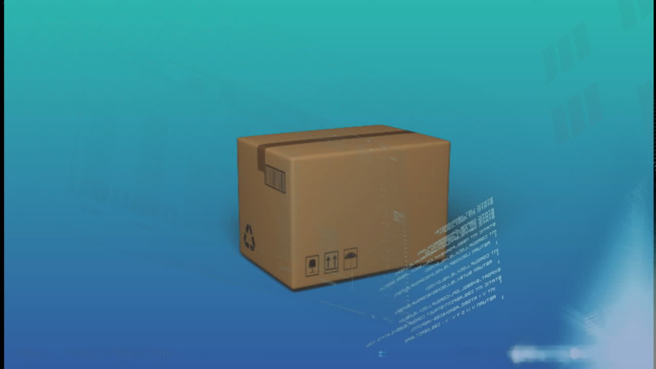 파란색 배경에 떨어지는 배달 상자 위의 차트 및 처리 데이터의 애니메이션