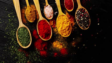 different types of spices in spoons