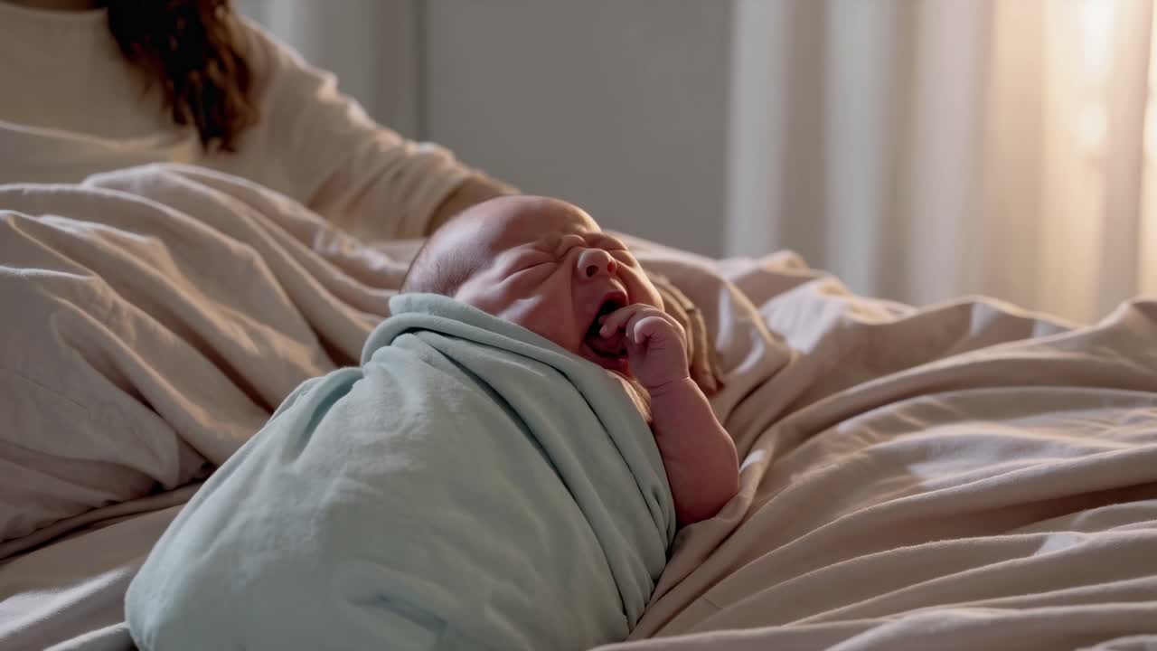 Bambino che sbadiglia su un letto
