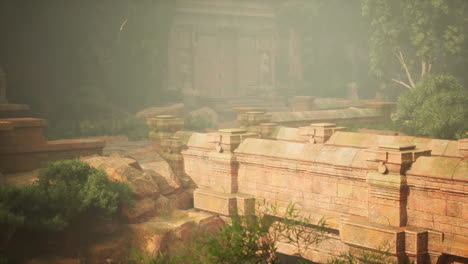 mysterious stone bridge in a foggy jungle