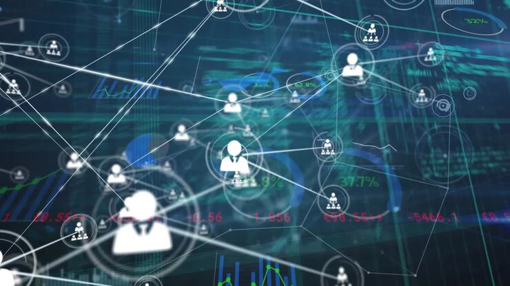 Animation of network of connections with icons over data processing on blue background