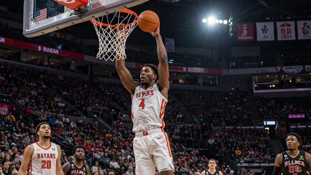 A Dynamic Basketball Play Showcasing a Player's Athleticism with a Powerful Dunk Followed by the Ball's Arc Towards the Hoop During a Competitive Game