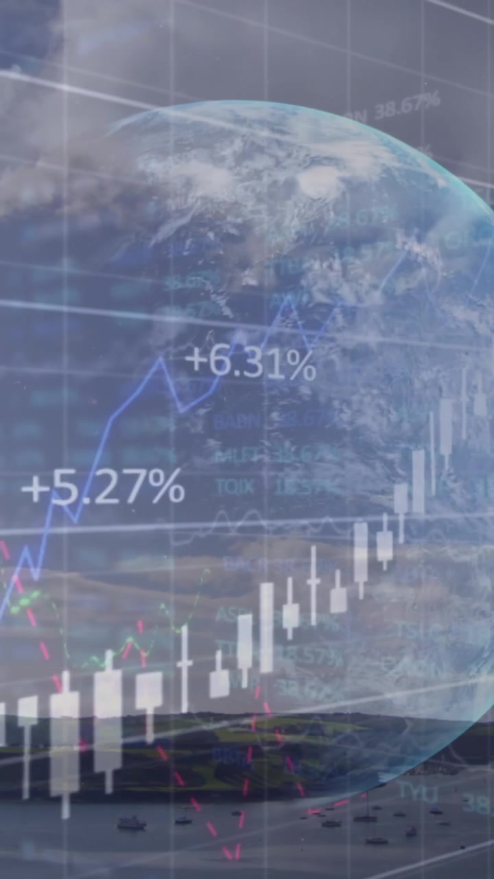 Animação de processamento de dados financeiros sobre globo e paisagem