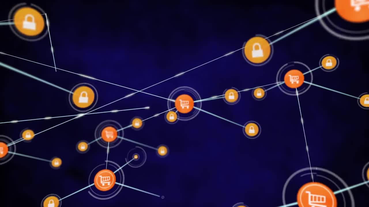 Animazione di una rete di connessioni con icone su sfondo blu