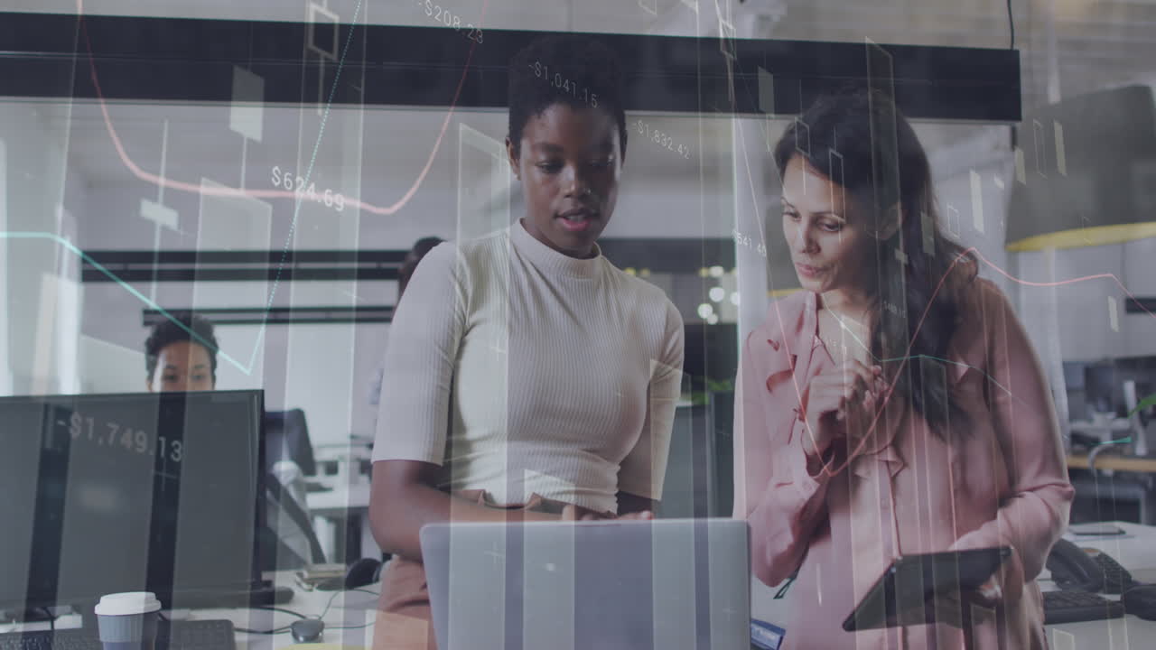 Animation of data processing over diverse business people in office