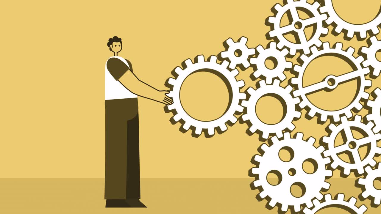 노란색 스타일 맨 플래트 캐릭터는  기어 메커니즘을 회전시니다. 알파 채널과 함께 고립된 루프 애니메이션