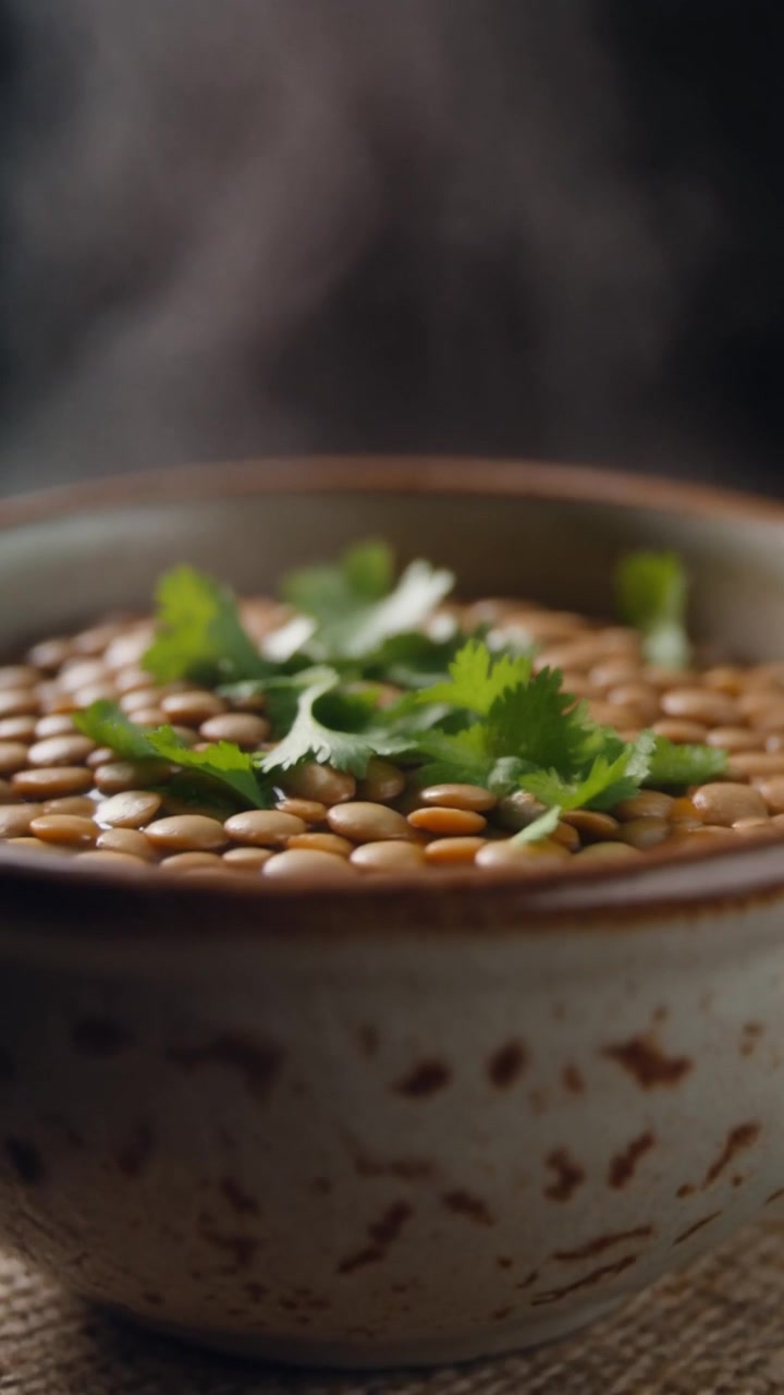 Dampende bolle med frisk linsesuppe pyntet med koriander