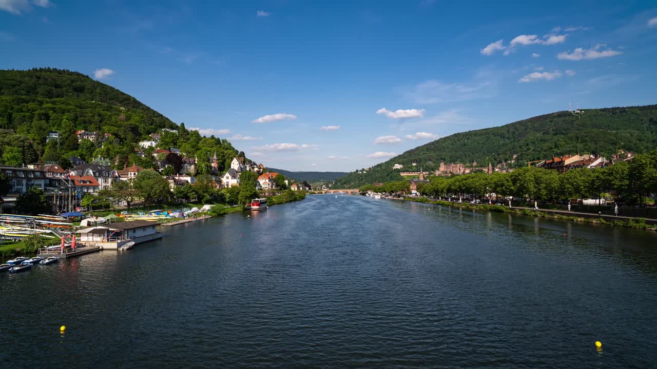 Etablering af en vidvinkel-time-lapse af Heidelberg by og flodbred på en solrig dag.