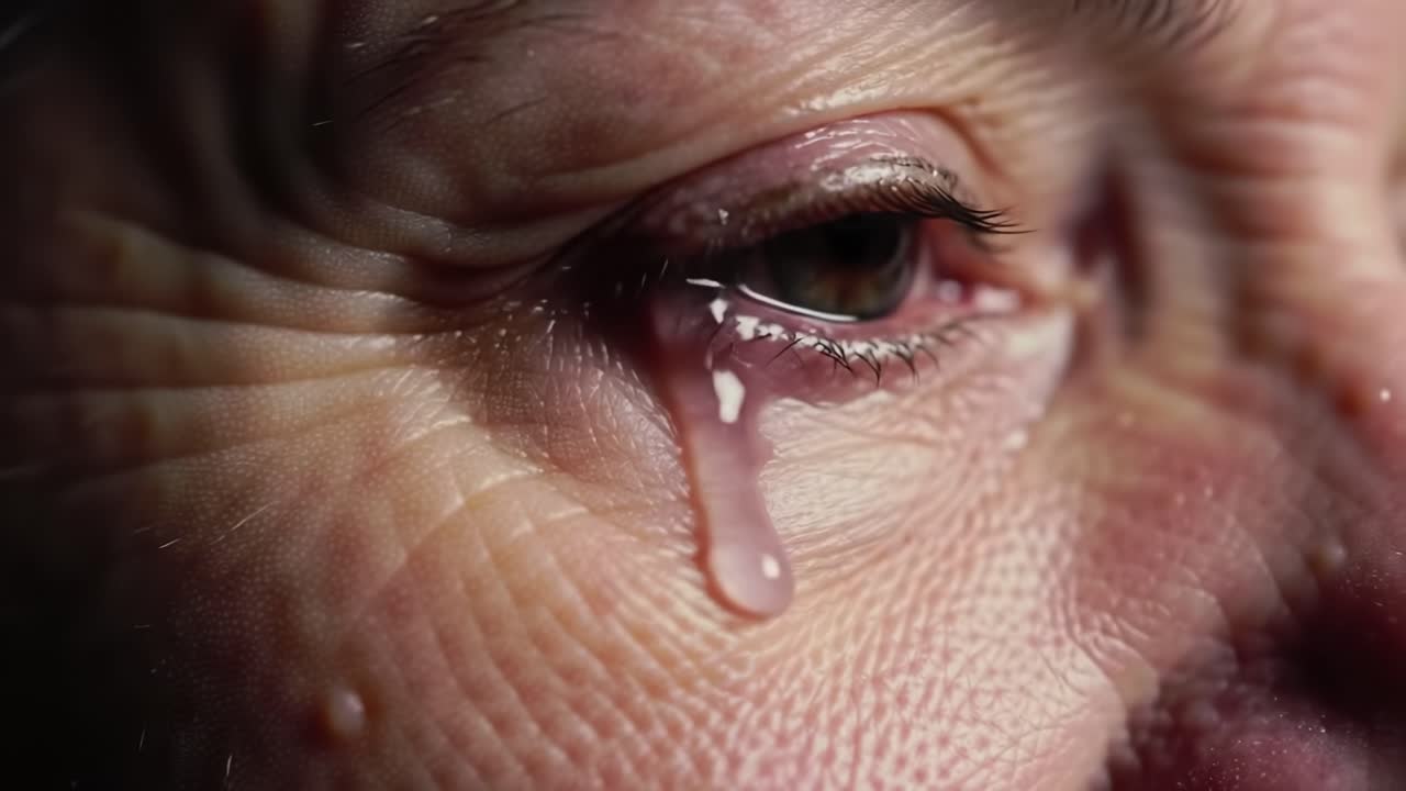 An elderly individual gazes thoughtfully, with a tear rolling down their cheek, expressing deep emotion in a quiet moment of reflection. The setting is intimate and personal.