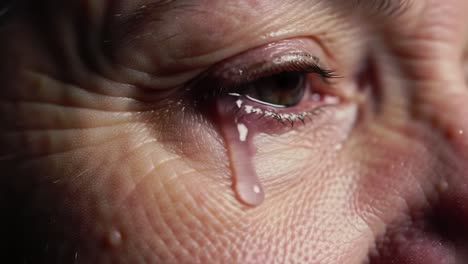 an elderly individual gazes thoughtfully, with a tear rolling down their cheek, expressing deep emotion in a quiet moment of reflection. the setting is intimate and personal.