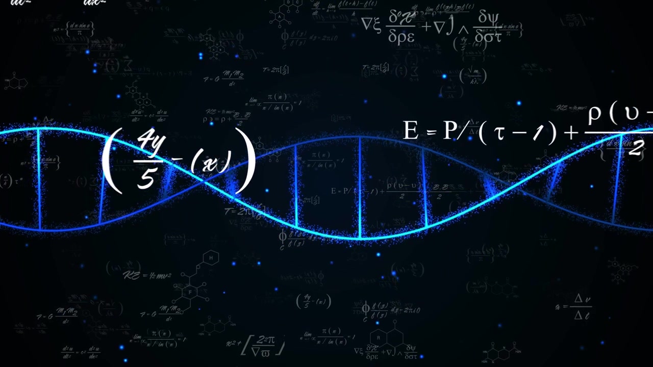 Curva sinusoidale luminosa che appare, elica al neon che si forma e si sposta, mentre formule mostrano collegamenti matematici molecolari.