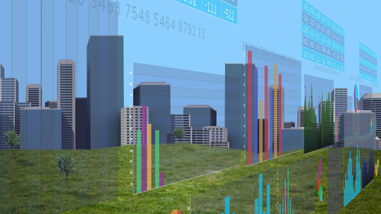 도시 풍경 위의 금융 데이터 처리 애니메이션