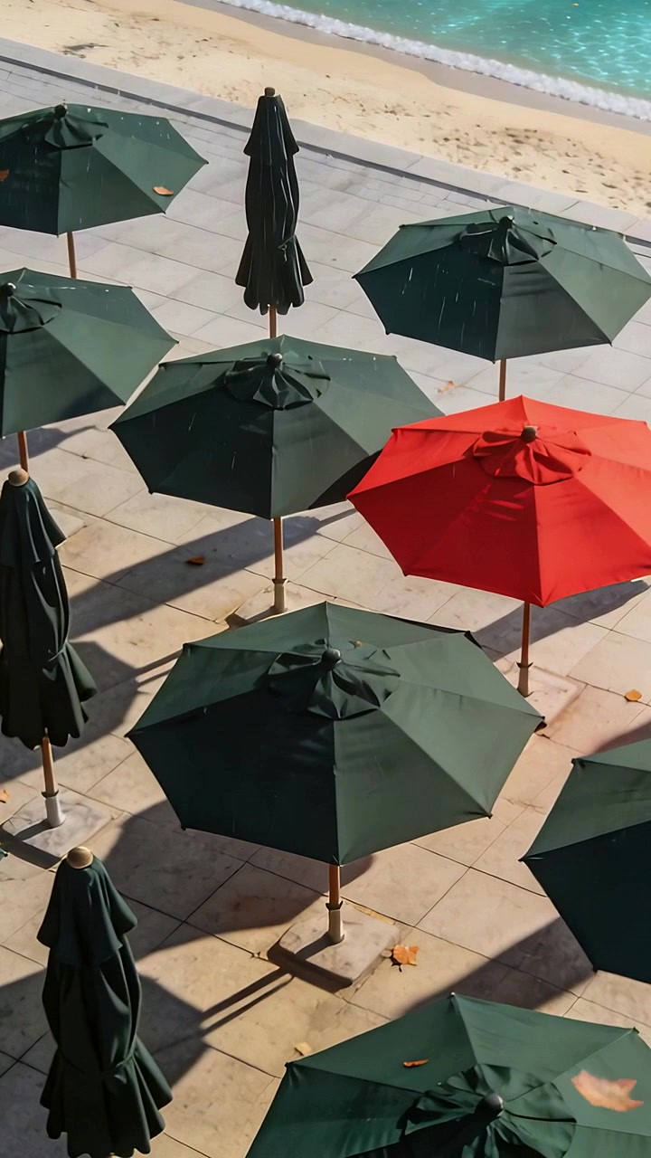 Video verticale: Mostrando tende da sole con una rossa vicino al mare, brezza che muove una foglia, due persone che fanno jogging in maglietta