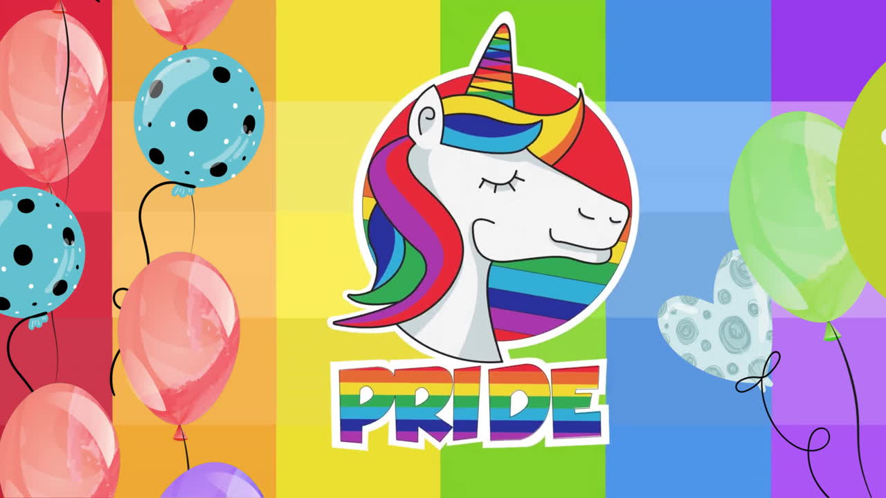 animación de texto de orgullo con unicornio y globos en fondo arco iris