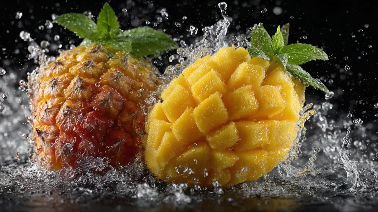 Vibrant Pineapple and Mango Splashing Together in Water with Fresh Mint Leaves, Capturing the Essence of Tropical Fruits and Their Refreshing Appeal