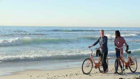 couple interact while walking with bicycle on beach 4k