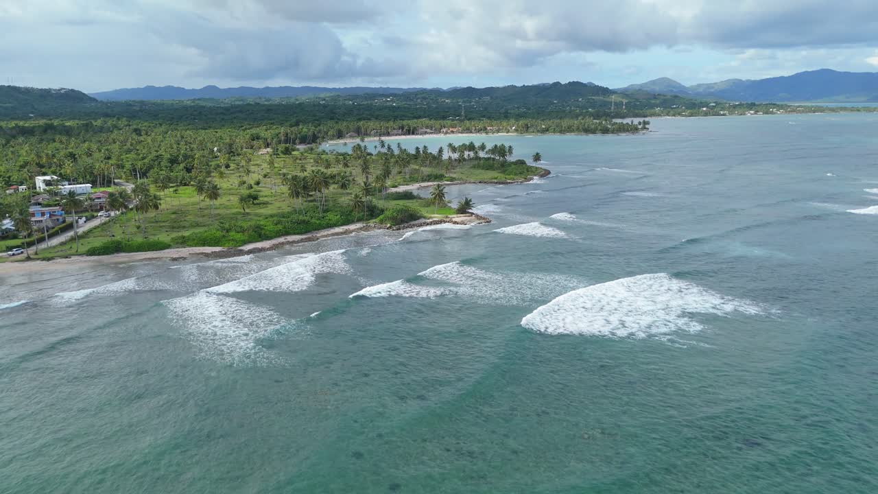 Caribbean landscape, Las Galeras, Samana in Dominican Republic. Aerial forward