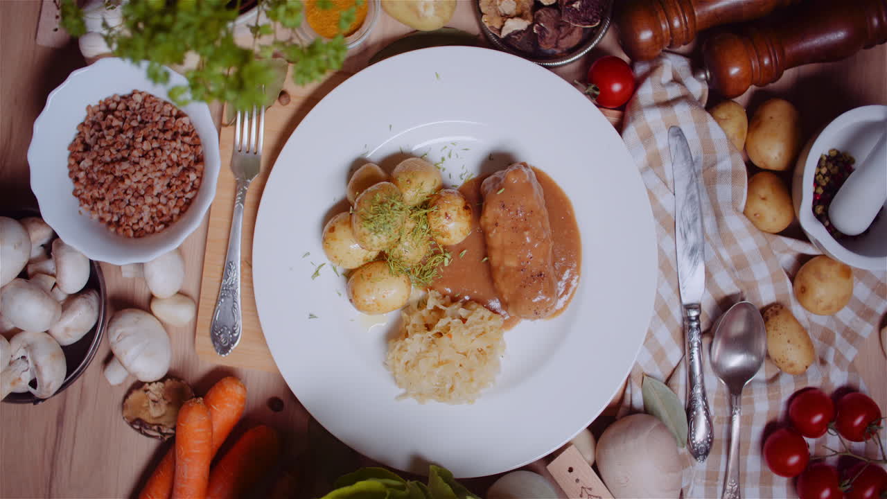 свинина с картошкой, кислой капустой и гречкой