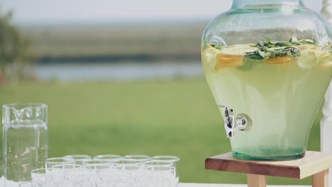 fresh drink with fruits in a large bowl outdoors for a picnic nearby are glasses