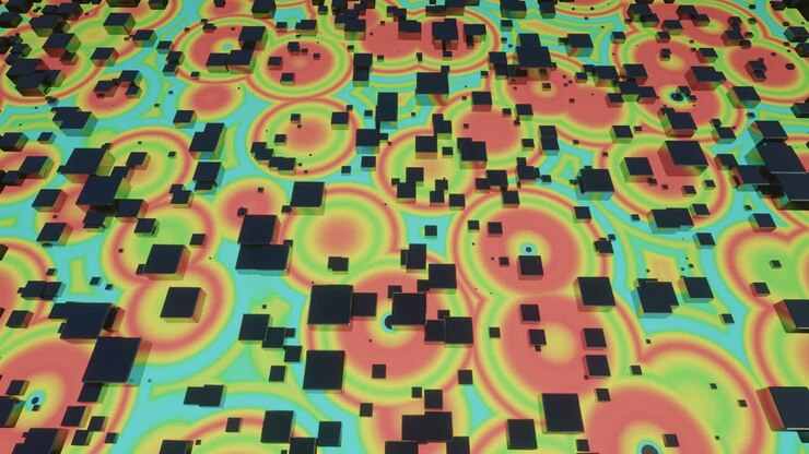 4k looped animation. Flight over hi tech pattern on plane surface, neon glow, complex elements and structure. 3d objects form sci fi surface 3d pattern. Information technology, futuristic hardware