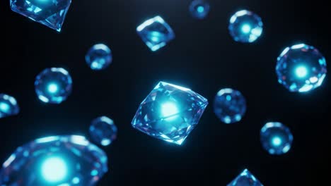 Illuminated Blue Diamonds Floating in a Dark Space, Capturing Light and Reflection, Adding a Magical Touch to the Scene with Their Glimmering Beauty