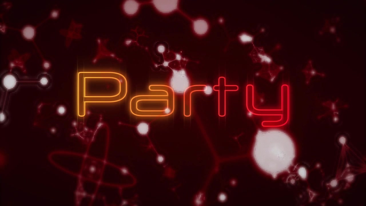 red backdrop initiating orbs and molecules drifting, neon-outlined letters revealing pulsing Party