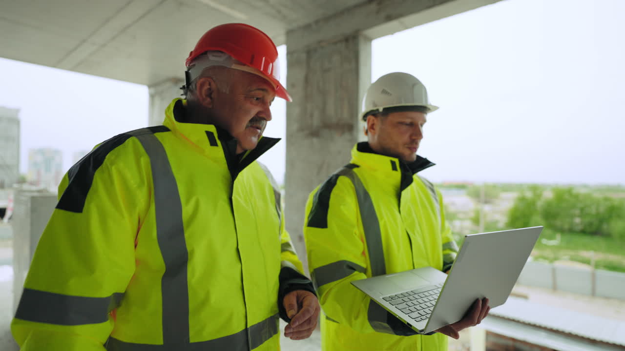 ingeniero civil con computadora portátil y capataz en cascos están examinando el edificio en construcción