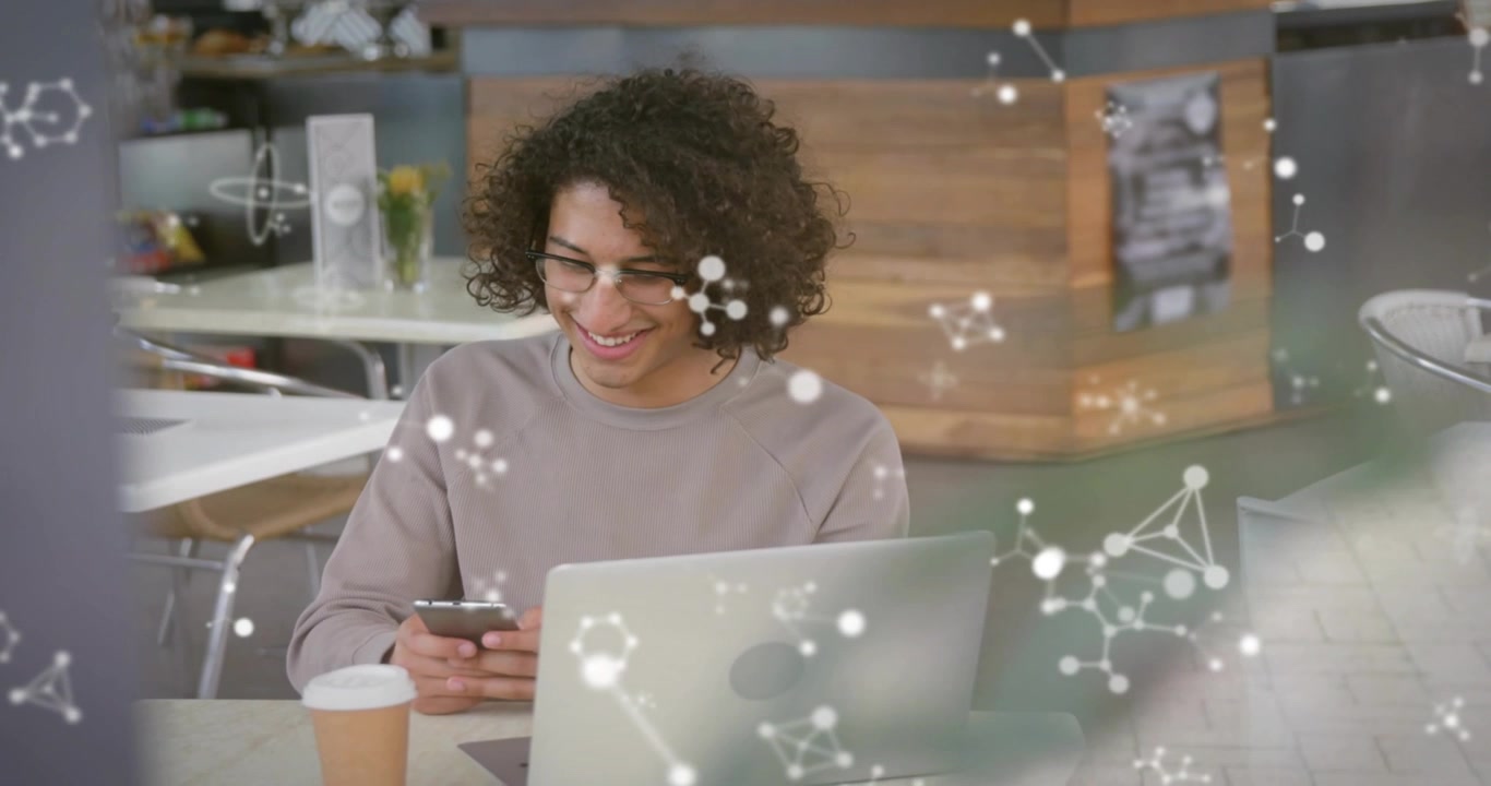 Man tapping smartphone and scrolling molecular model in cafe tracking tech research progress