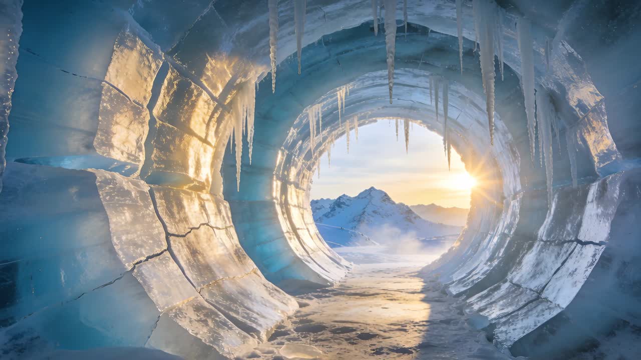 Bathing ice tunnel in glacial cavern, sun moving into view, creating golden rays on path, icicles