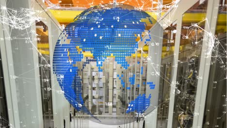 Digital-earth-globe-rotating-against-a-server-room-with-data