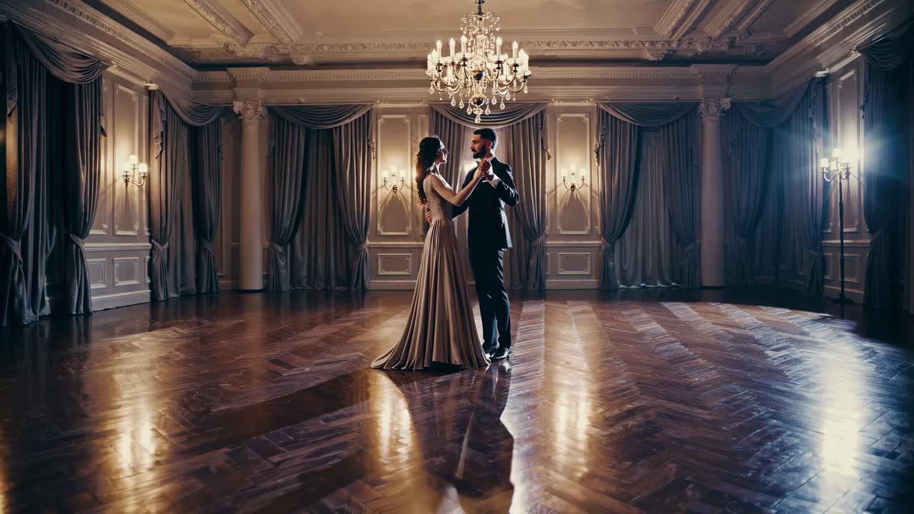 una elegante pareja bailando en un gran salón de baile