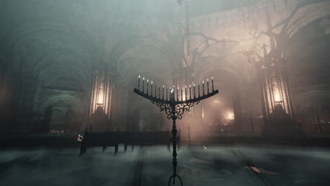 dark and mysterious gothic church interior with fog and candles