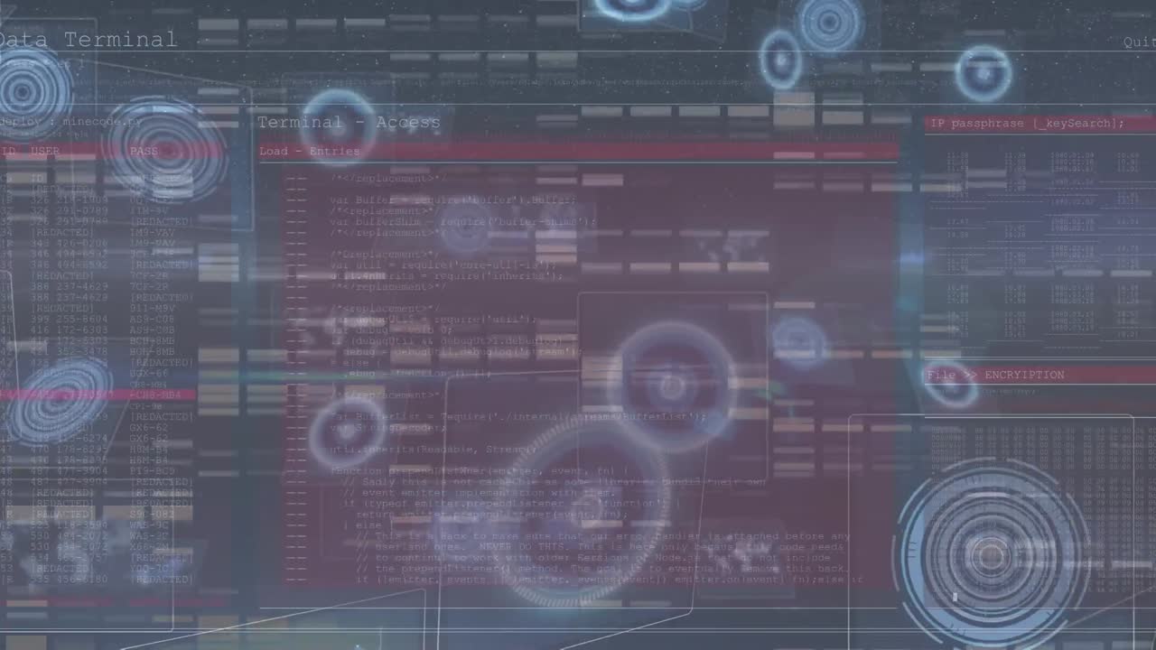 Digital animation of multiple round scanners against mosaic squares on blue background