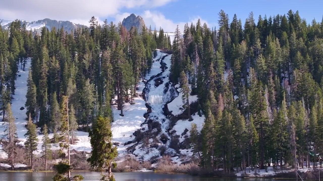 Droneperspektiv som viser tette eviggrønne skoger og det robuste isbrebassenget rundt Twin Lakes i Mammoth Lakes, California