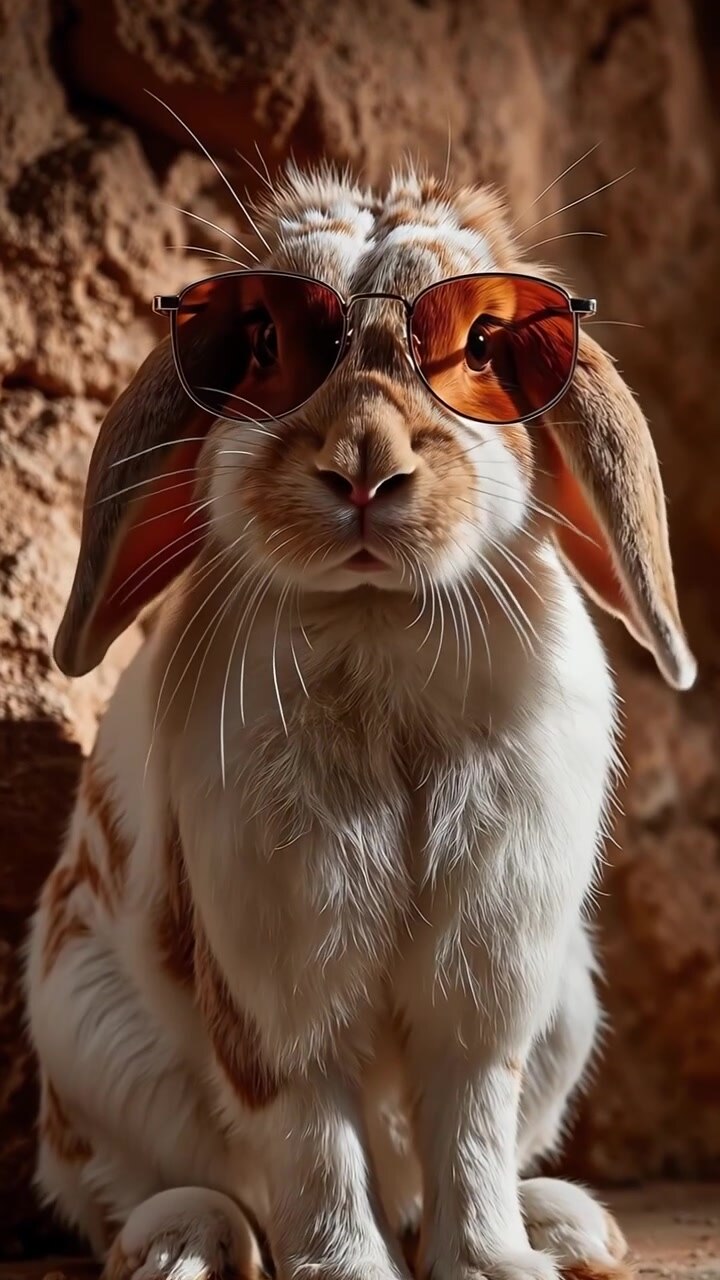 Adorable conejo de orejas caídas con gafas de sol naranjas sentado en un entorno rocoso terroso