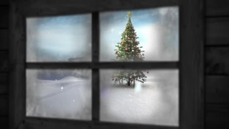 Animation-of-window-view-of-christmas-tree-and-winter-landscape