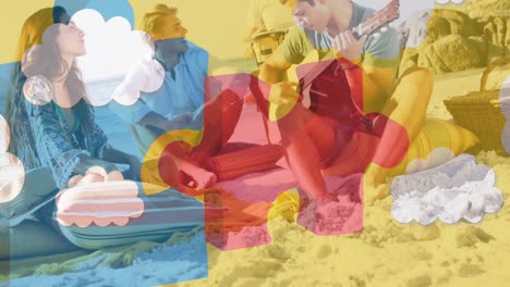 Animation-of-colourful-puzzle-pieces-over-happy-friends-at-summer-beach-party