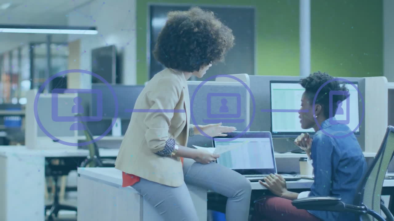 Animation of diverse businesspeople in office and network of connections with icons