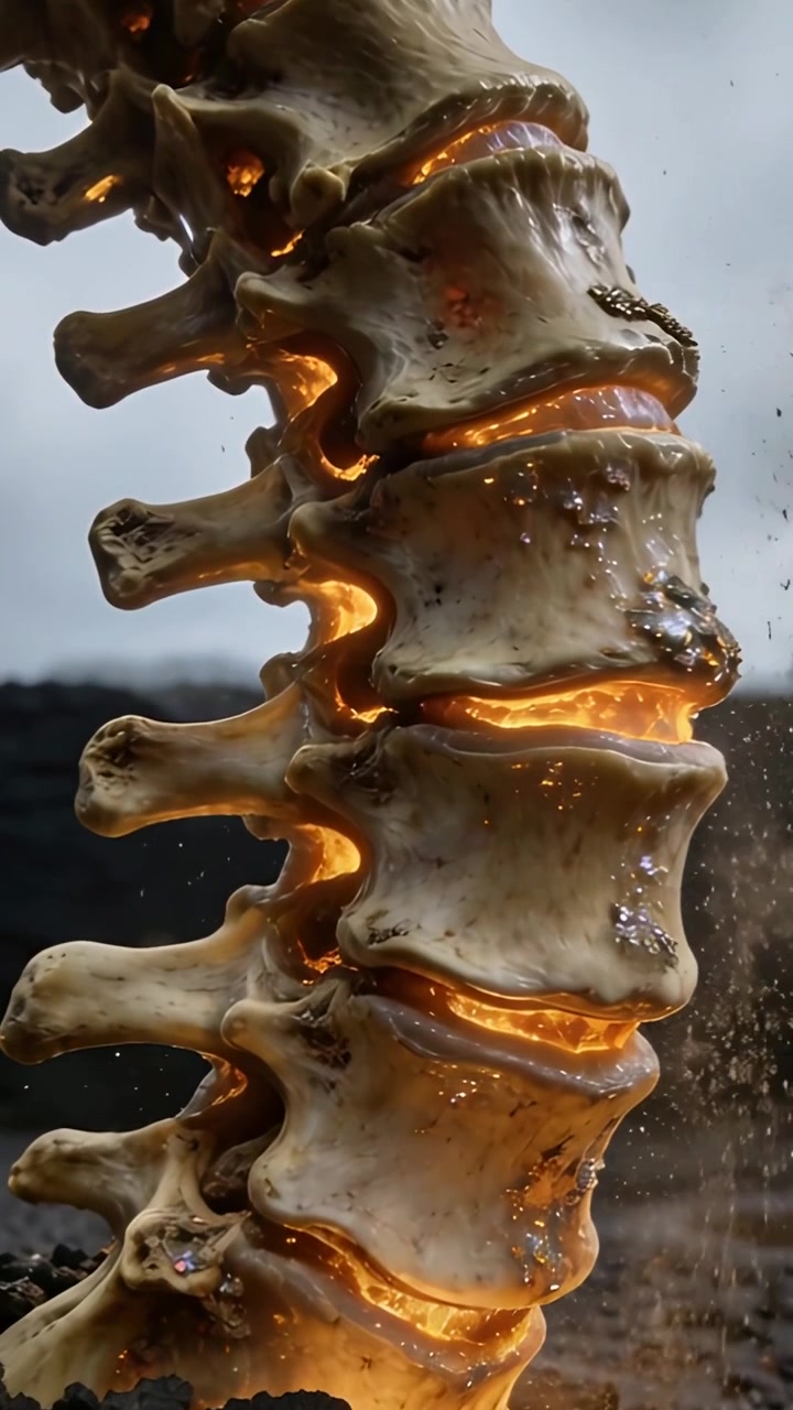 Video verticale: Colonna vertebrale pulsante che trasuda luce fusa su una pianura rocciosa, calore alla base che espelle cenere.