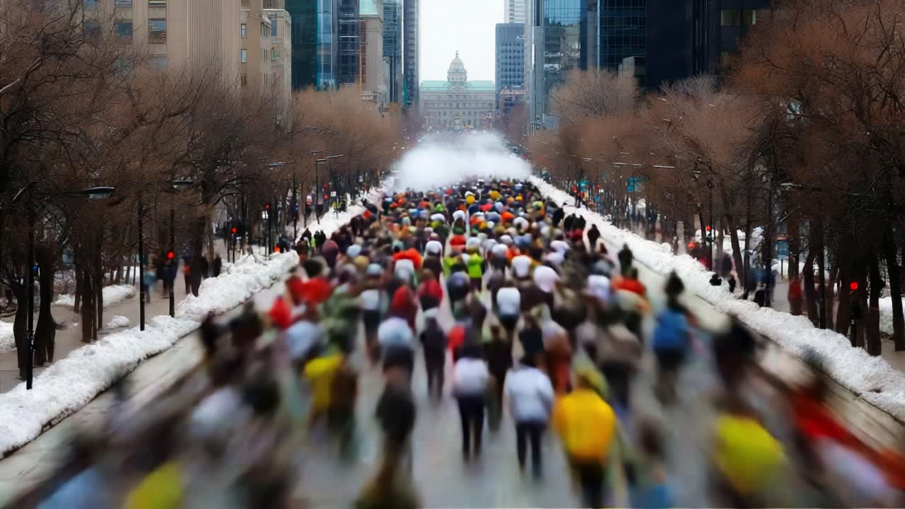 A Vibrant Crowd of Runners Filling the Snowy Street, Capturing the Energy and Excitement of a Group Event Amidst Tall City Buildings and Chilly Winter Air