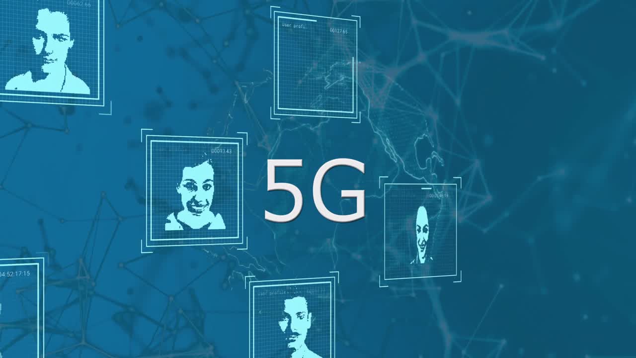 파란색 배경에 연결된 네트워크를 통해 사람들의 초상화로 데이터 처리의 애니메이션.