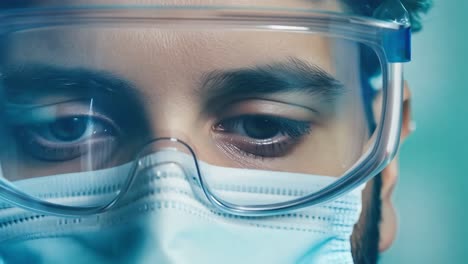 closeup of a scientist wearing safety goggles and a mask in a lab