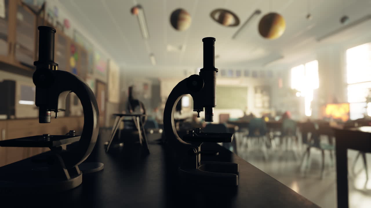 microscopio en una mesa en una clase de ciencias